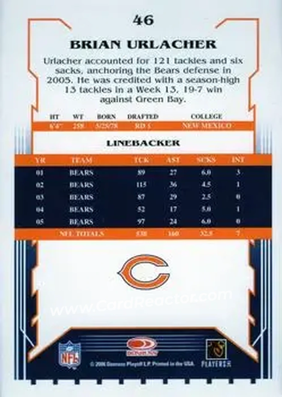 2006 Score Select #46 - Brian Urlacher - Chicago Bears - Back