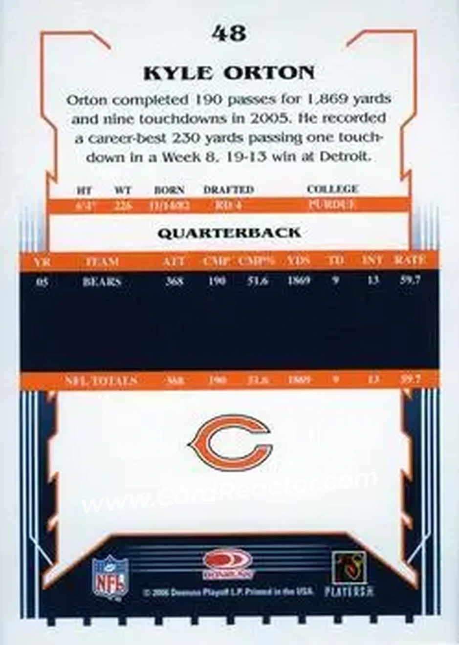 2006 Score Select #48 - Kyle Orton - Chicago Bears - Back