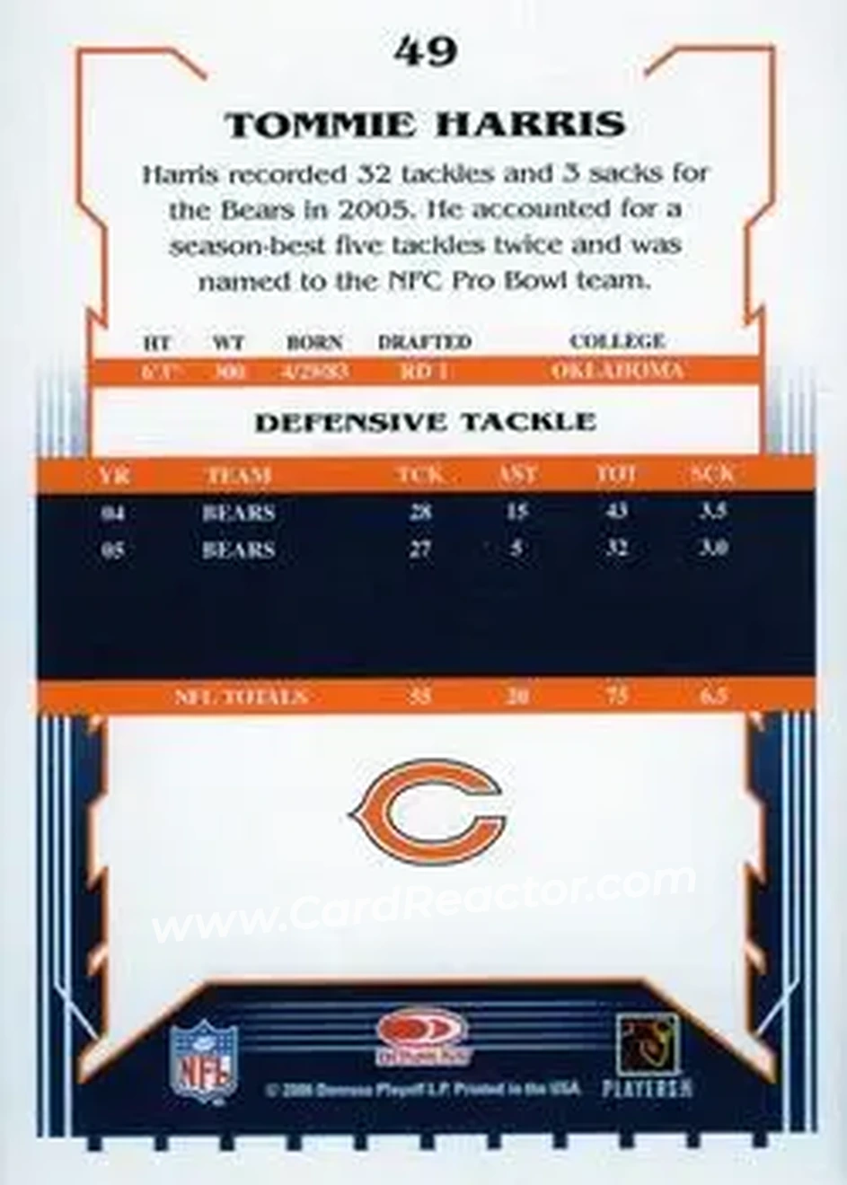 2006 Score Select #49 - Tommie Harris - Chicago Bears - Back