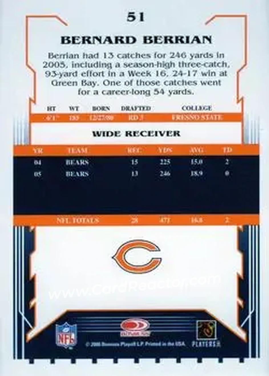2006 Score Select #51 - Bernard Berrian - Chicago Bears - Back
