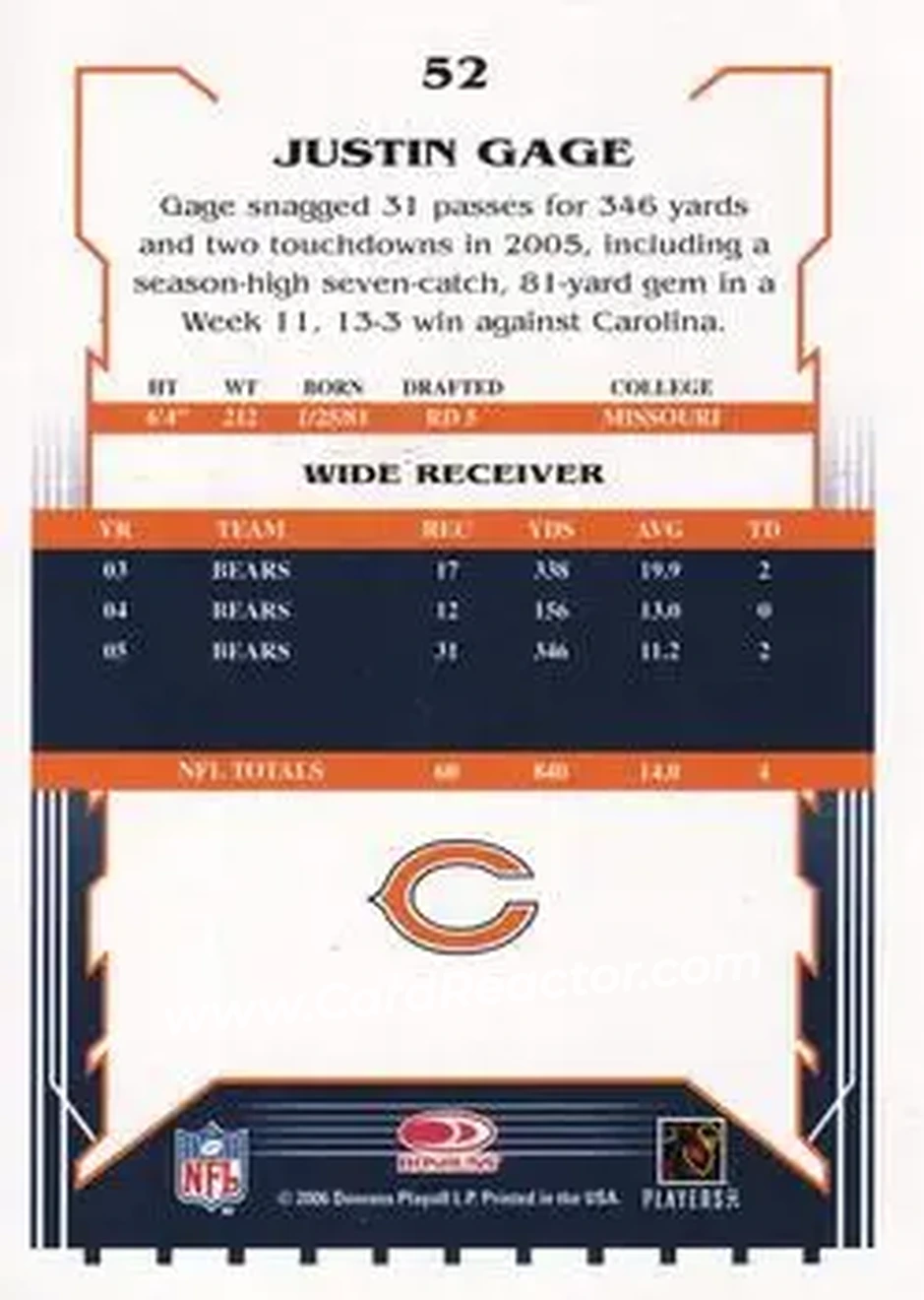 2006 Score Select #52 - Justin Gage - Chicago Bears - Back