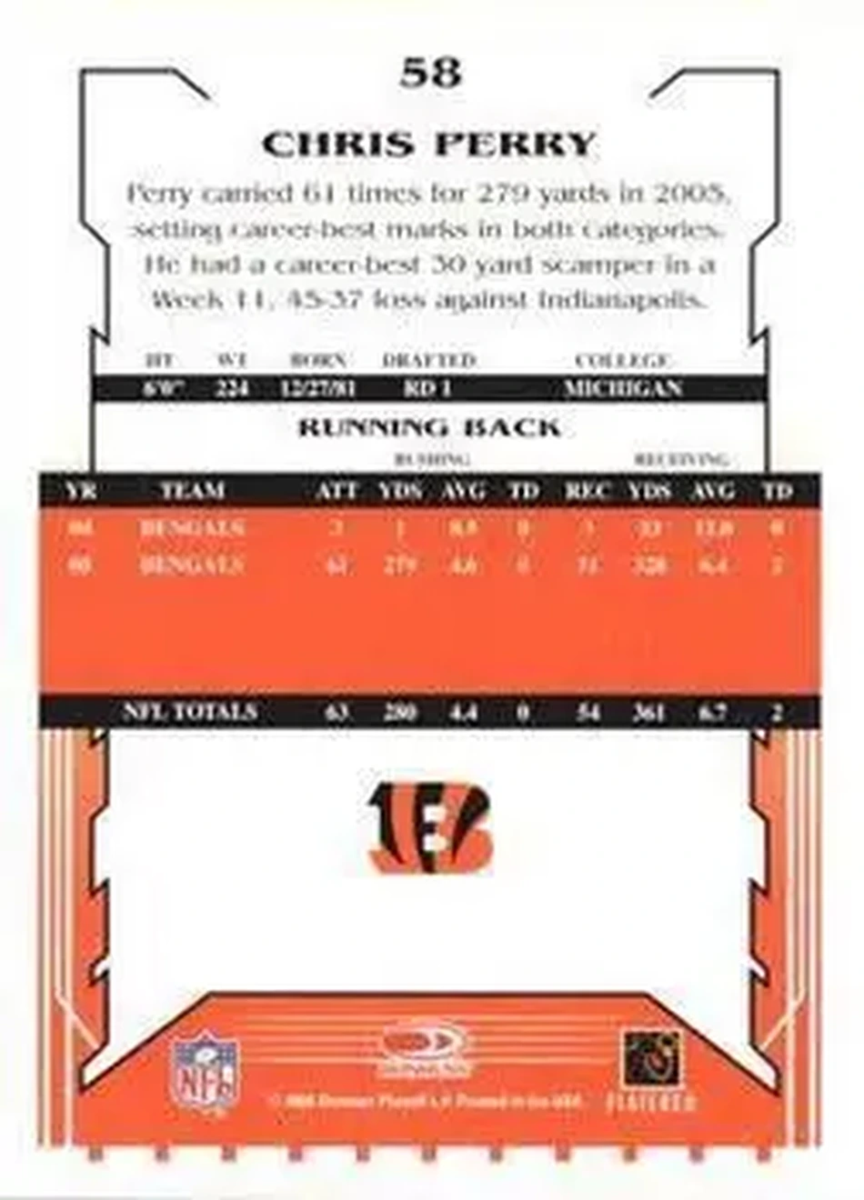 2006 Score Select #58 - Chris Perry - Cincinnati Bengals - Back