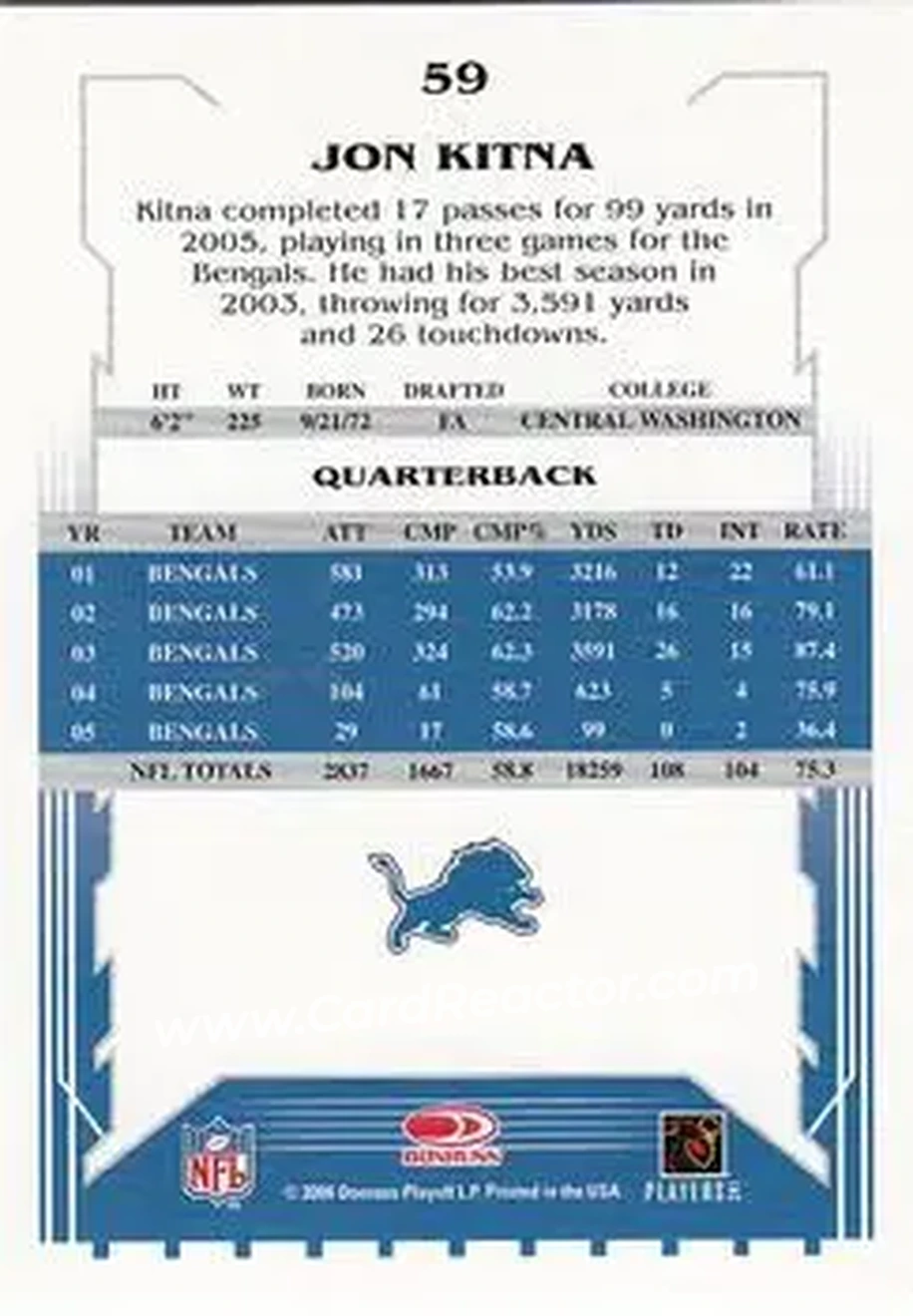 2006 Score Select #59 - Jon Kitna - Detroit Lions - Back