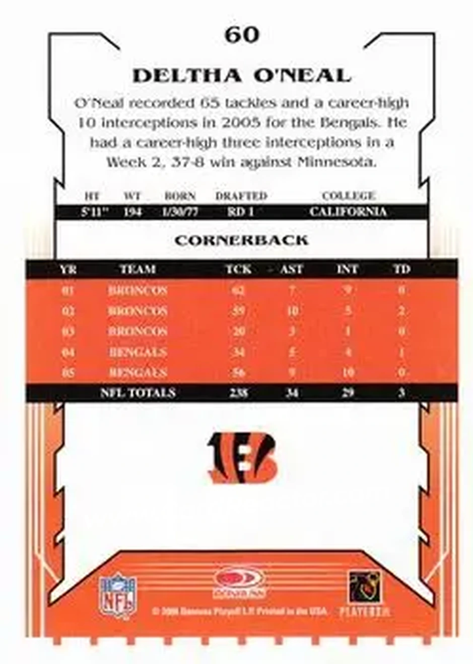 2006 Score Select #60 - Deltha O'Neal - Cincinnati Bengals - Back