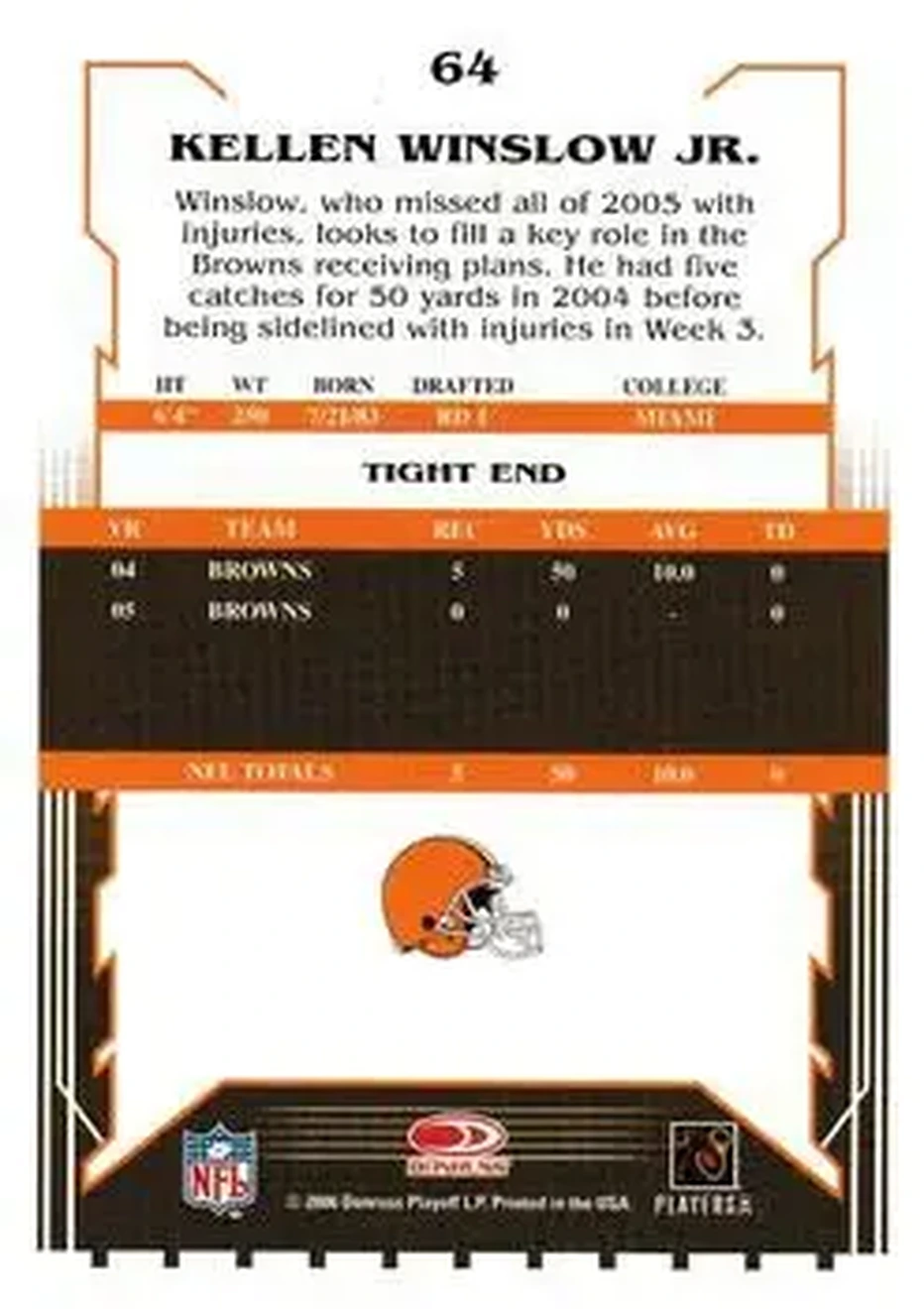 2006 Score Select #64 - Kellen Winslow Jr. - Cleveland Browns - Back