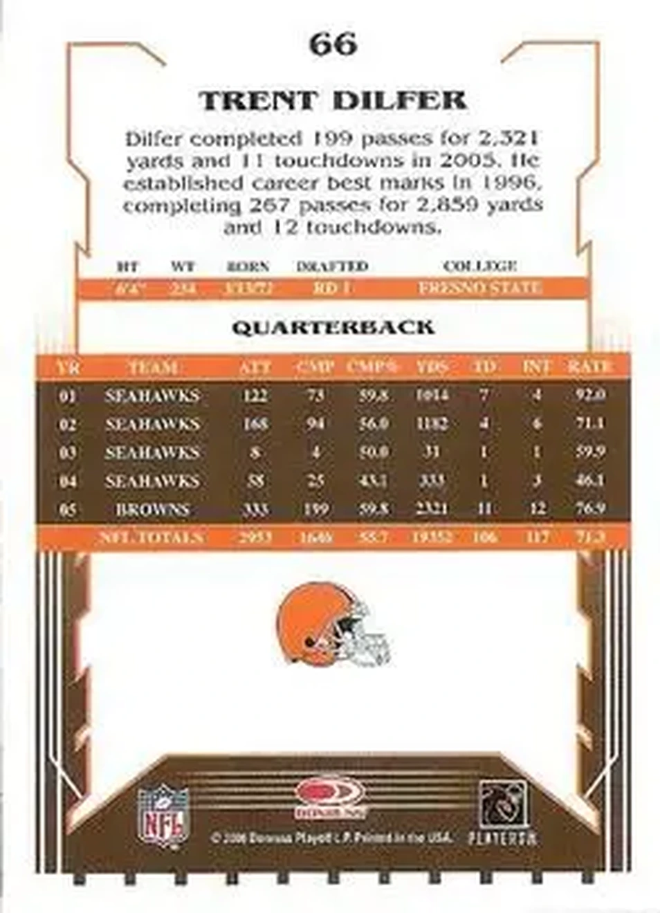 2006 Score Select #66 - Trent Dilfer - Cleveland Browns - Back