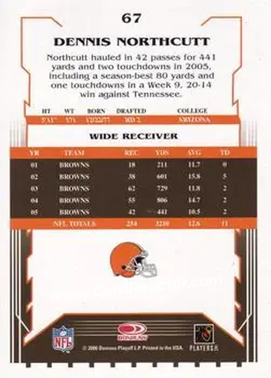 2006 Score Select #67 - Dennis Northcutt - Cleveland Browns - Back