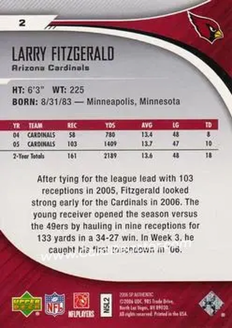 2006 SP Authentic #2 - Larry Fitzgerald - Arizona Cardinals - Back 2006 SP Authentic #2 - Larry Fitzgerald - Arizona Cardinals - Back