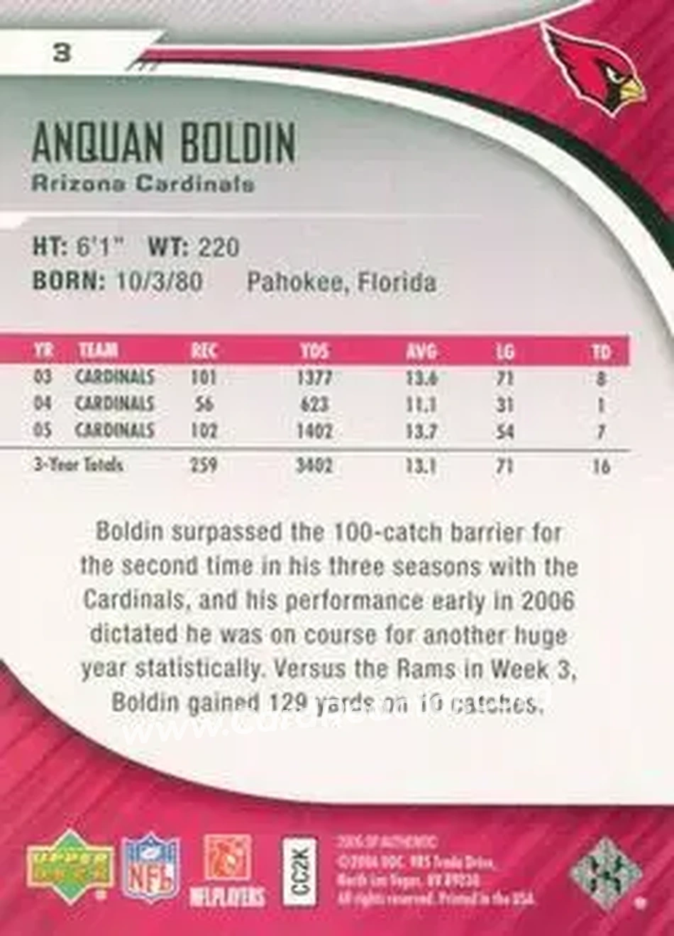 2006 SP Authentic #3 - Anquan Boldin - Arizona Cardinals - Back