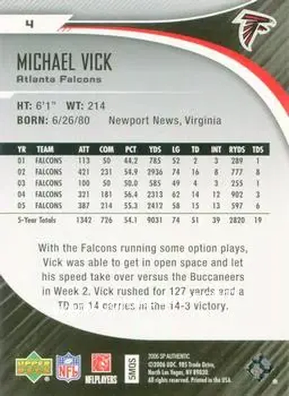 2006 SP Authentic #4 - Michael Vick - Atlanta Falcons - Back