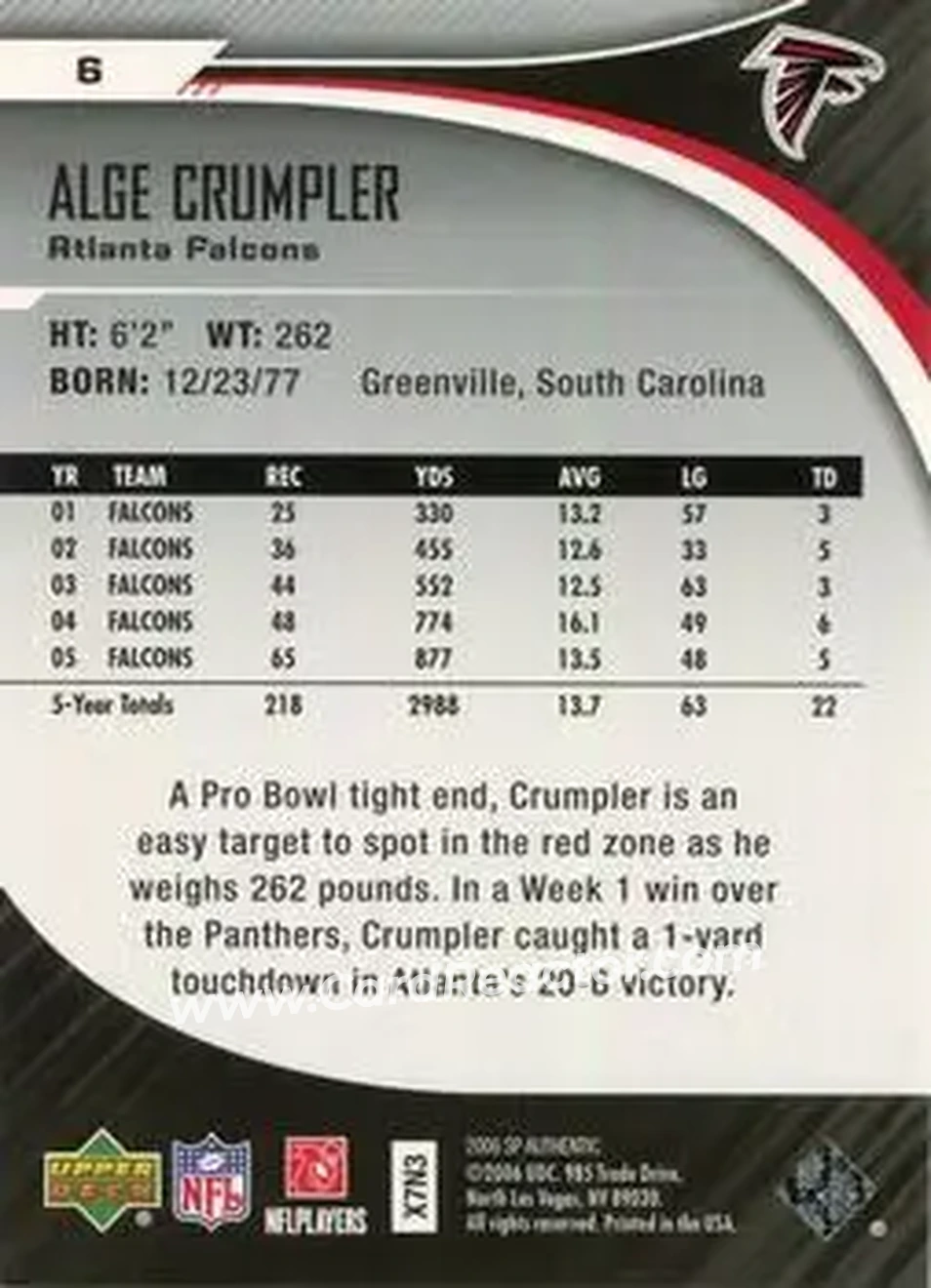 2006 SP Authentic #6 - Alge Crumpler - Atlanta Falcons - Back
