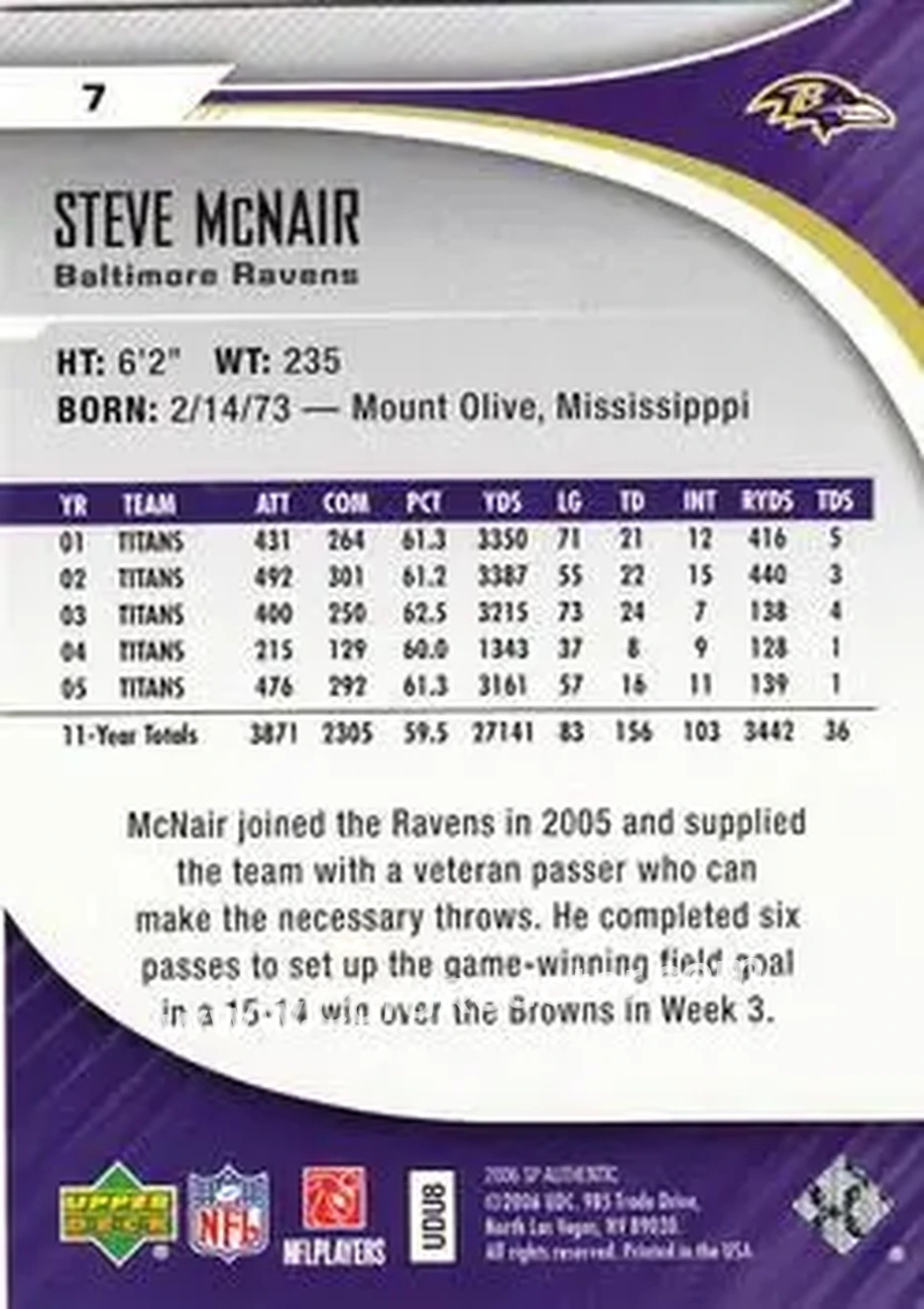 2006 SP Authentic #7 - Steve McNair - Baltimore Ravens - Back