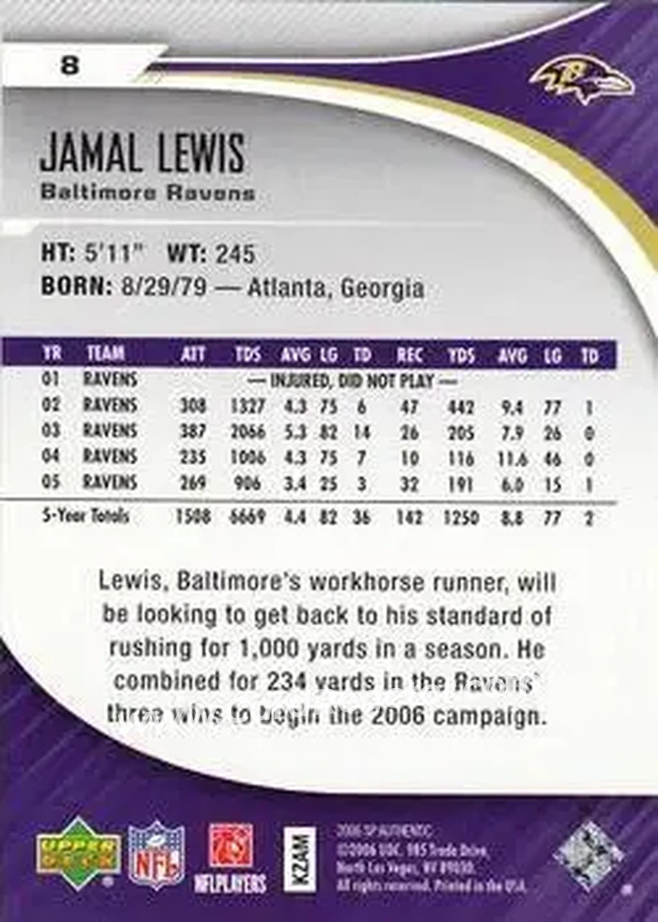 2006 SP Authentic #8 - Jamal Lewis - Baltimore Ravens - Back