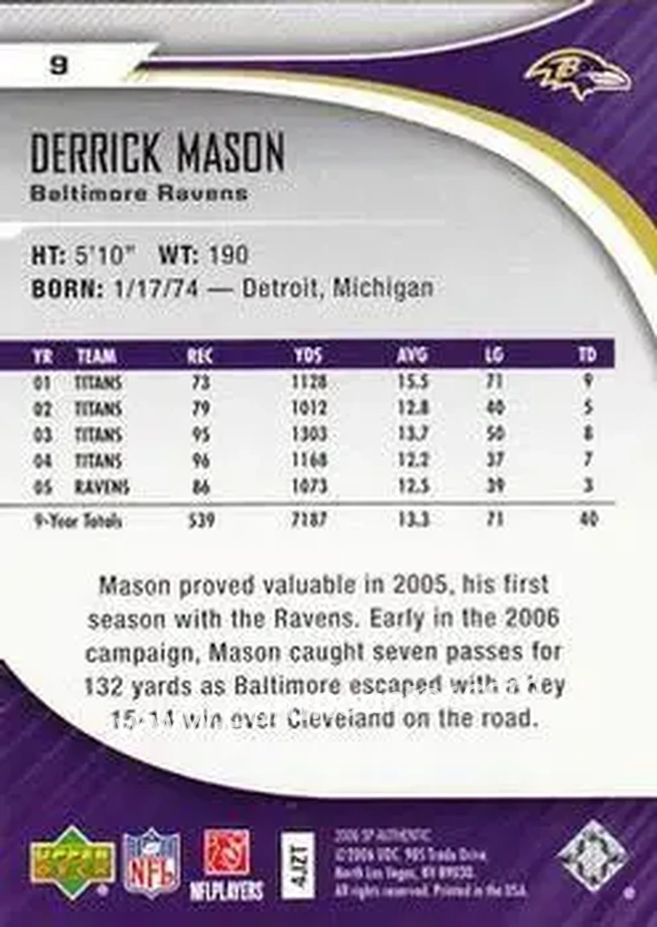 2006 SP Authentic #9 - Derrick Mason - Baltimore Ravens - Back