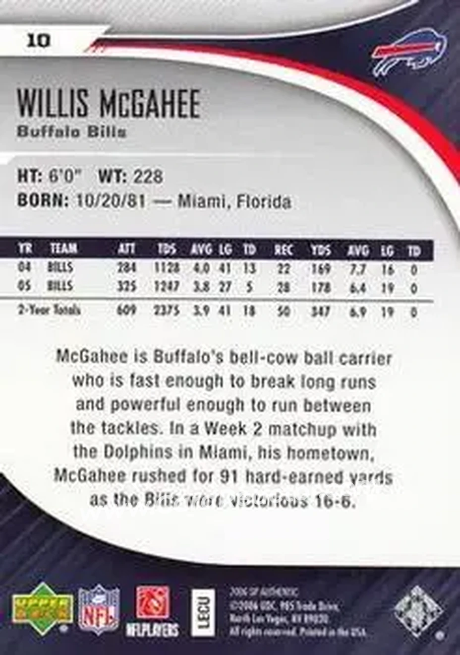2006 SP Authentic #10 - Willis McGahee - Buffalo Bills - Back