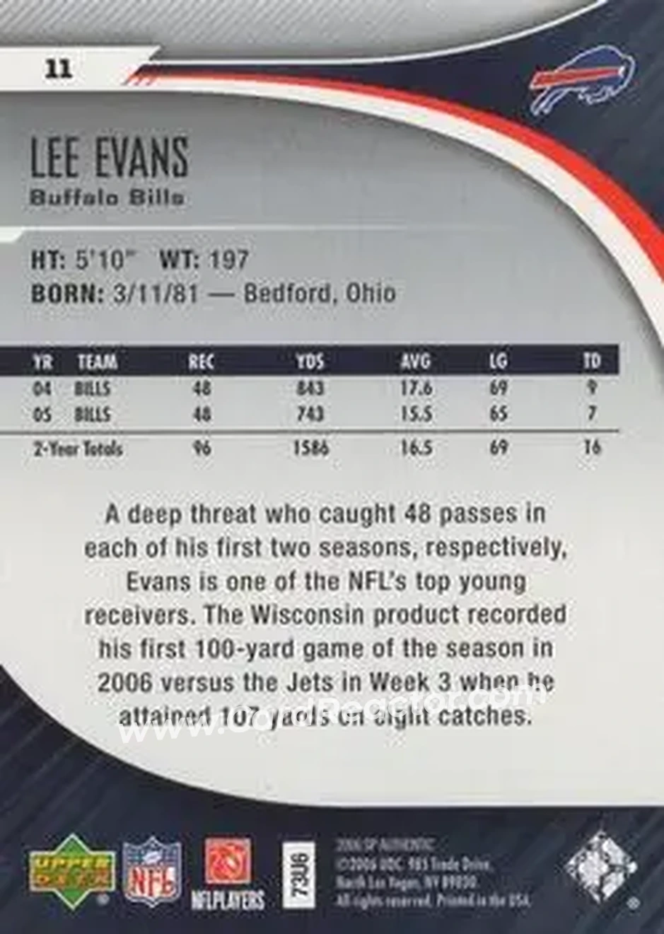 2006 SP Authentic #11 - Lee Evans - Buffalo Bills - Back