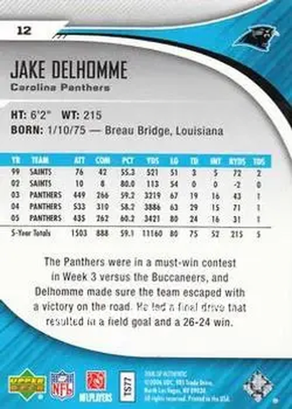 2006 SP Authentic #12 - Jake Delhomme - Carolina Panthers - Back