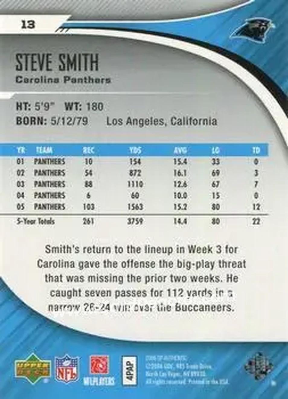 2006 SP Authentic #13 - Steve Smith Sr. - Carolina Panthers - Back