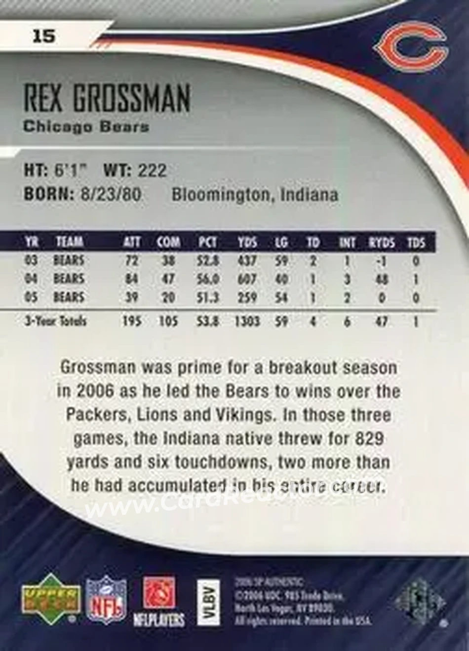 2006 SP Authentic #15 - Rex Grossman - Chicago Bears - Back