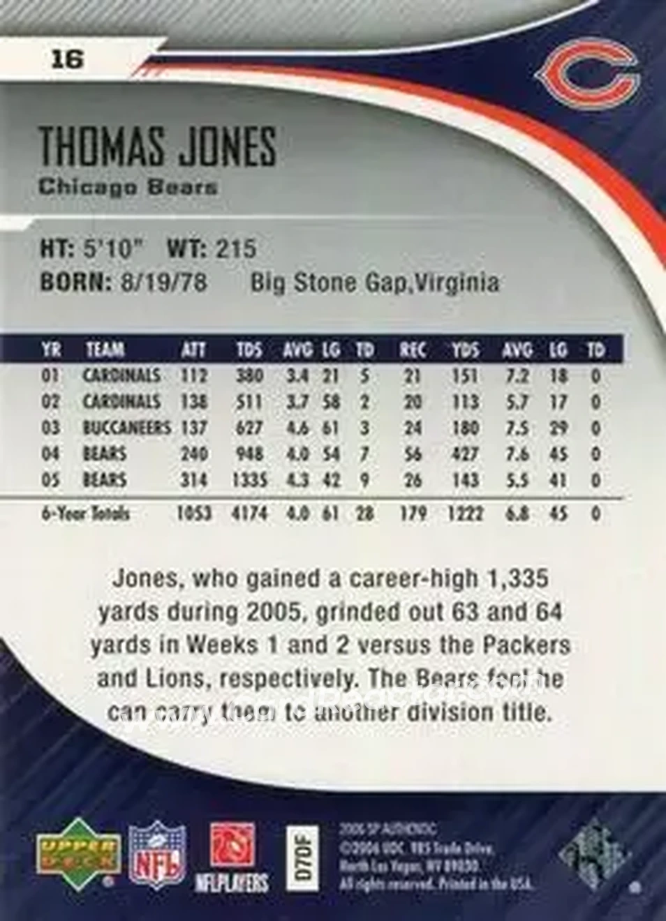 2006 SP Authentic #16 - Thomas Jones - Chicago Bears - Back