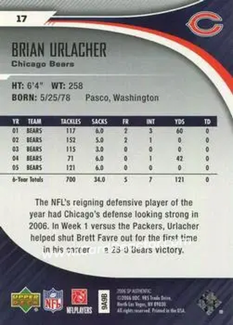 2006 SP Authentic #17 - Brian Urlacher - Chicago Bears - Back 2006 SP Authentic #17 - Brian Urlacher - Chicago Bears - Back