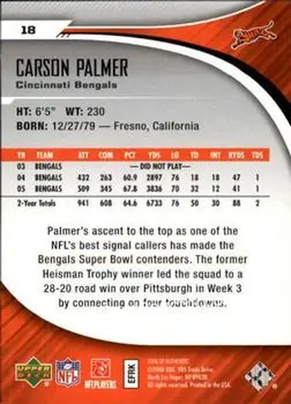 2006 SP Authentic #18 - Carson Palmer - Cincinnati Bengals - Back