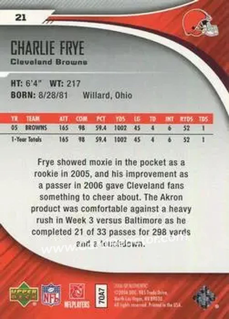 2006 SP Authentic #21 - Charlie Frye - Cleveland Browns - Back
