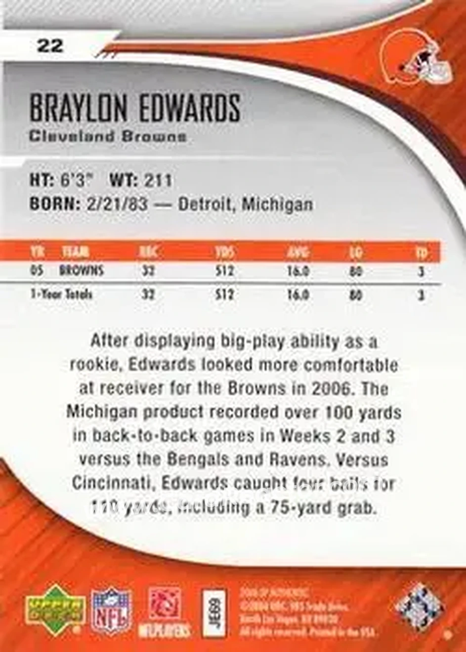 2006 SP Authentic #22 - Braylon Edwards - Cleveland Browns - Back