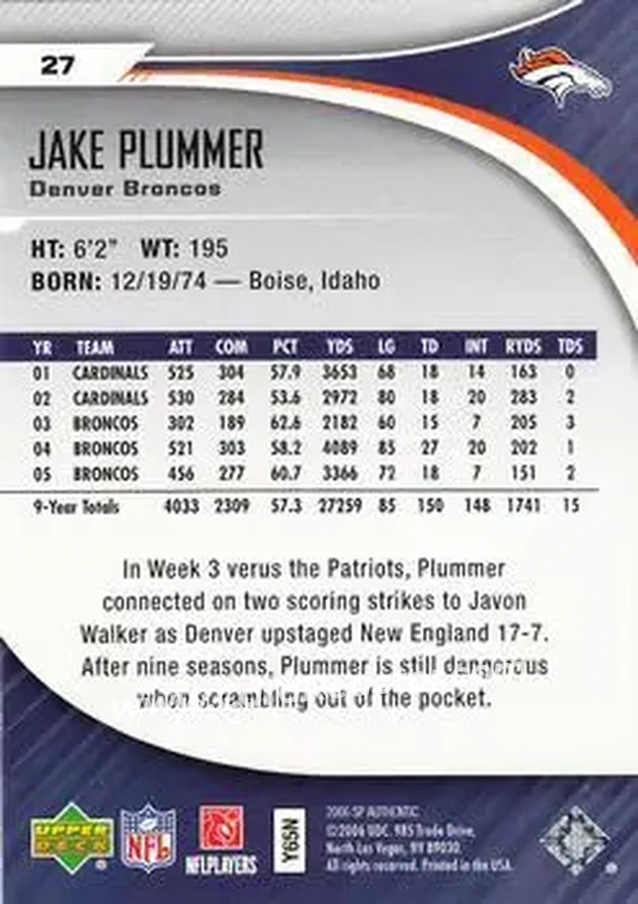 2006 SP Authentic #27 - Jake Plummer - Denver Broncos - Back
