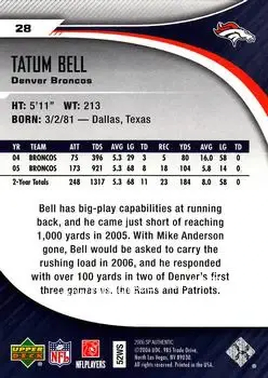 2006 SP Authentic #28 - Tatum Bell - Denver Broncos - Back