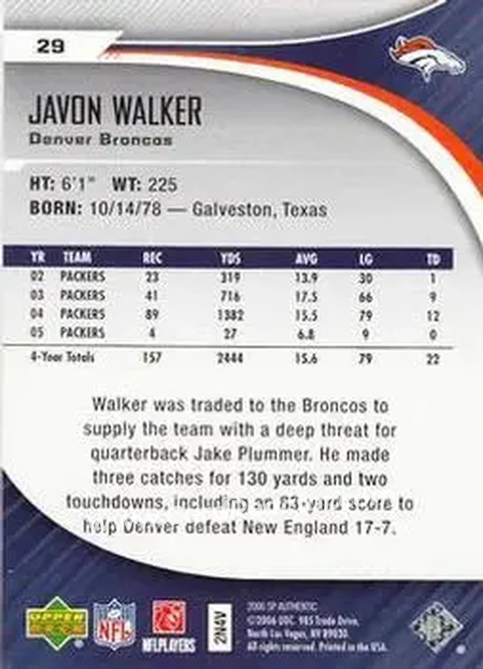 2006 SP Authentic #29 - Javon Walker - Denver Broncos - Back