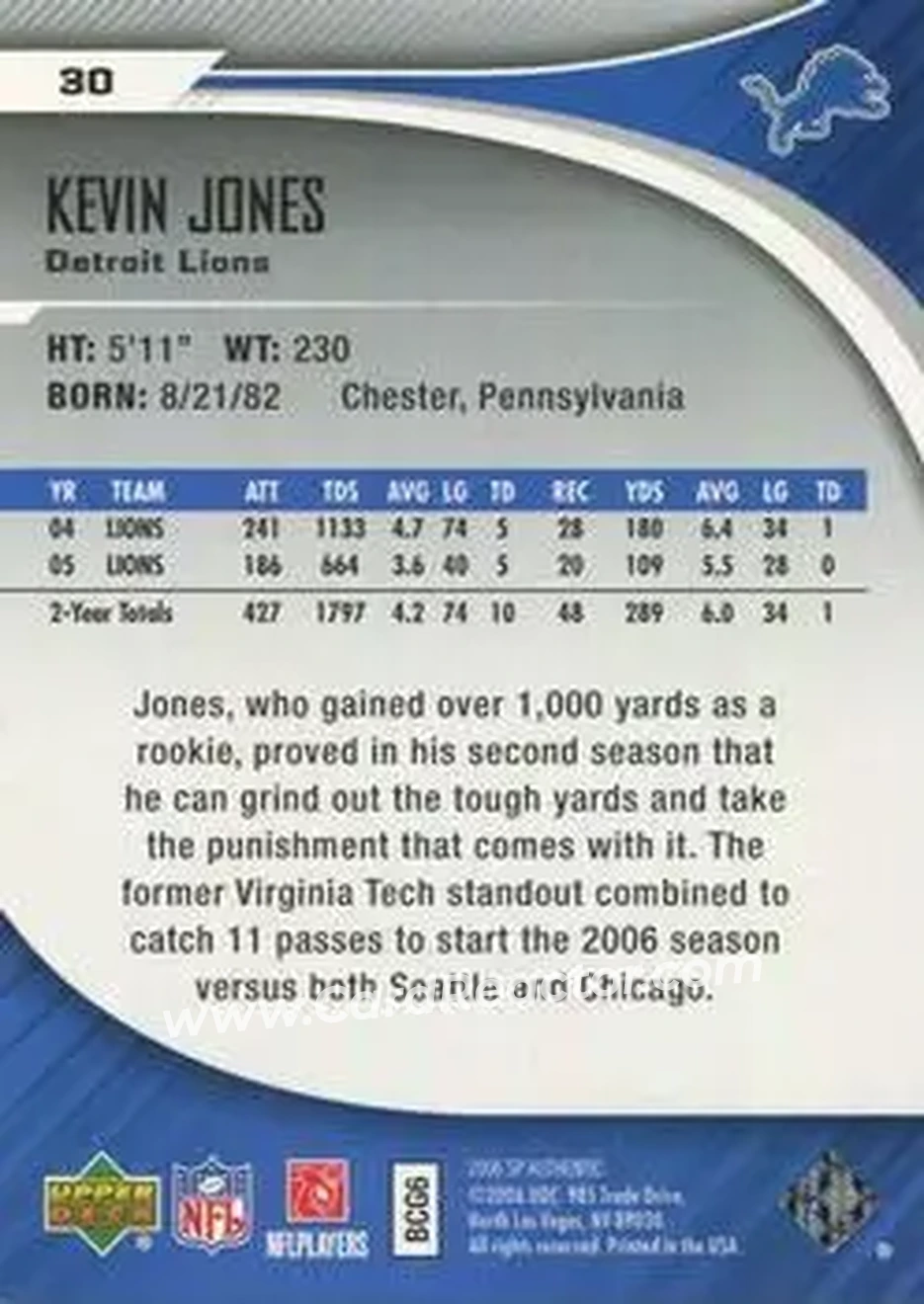2006 SP Authentic #30 - Kevin Jones - Detroit Lions - Back