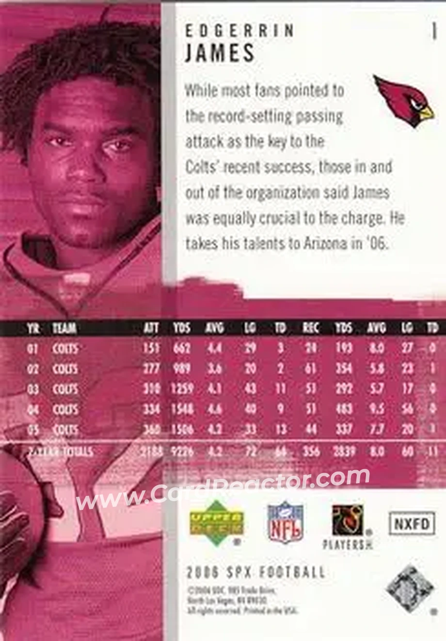 2006 SPx #1 - Edgerrin James - Arizona Cardinals - Back 2006 SPx #1 - Edgerrin James - Arizona Cardinals - Back