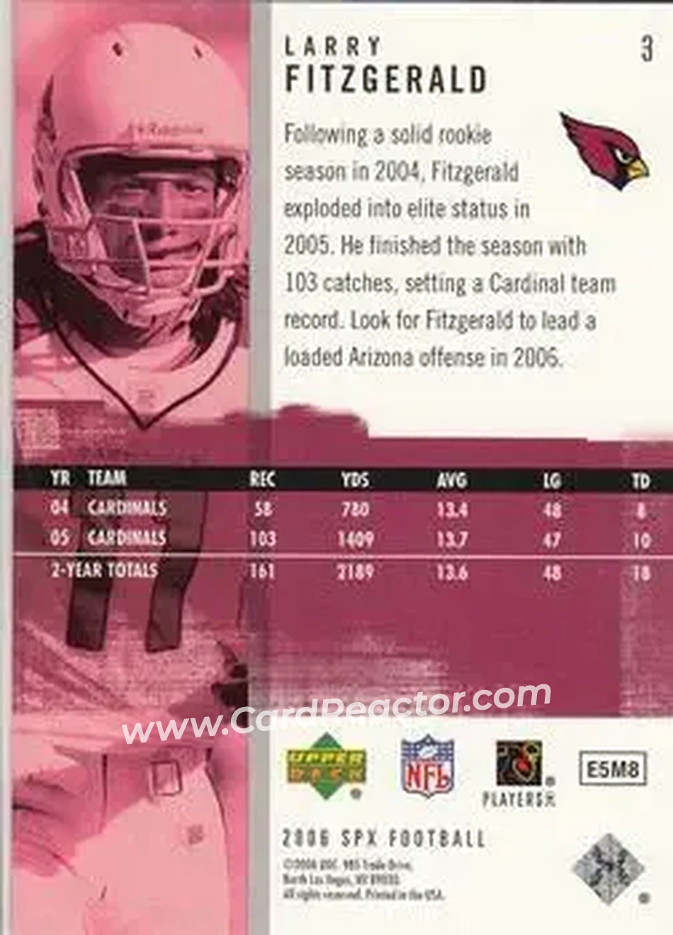 2006 SPx #3 - Larry Fitzgerald - Arizona Cardinals - Back 2006 SPx #3 - Larry Fitzgerald - Arizona Cardinals - Back