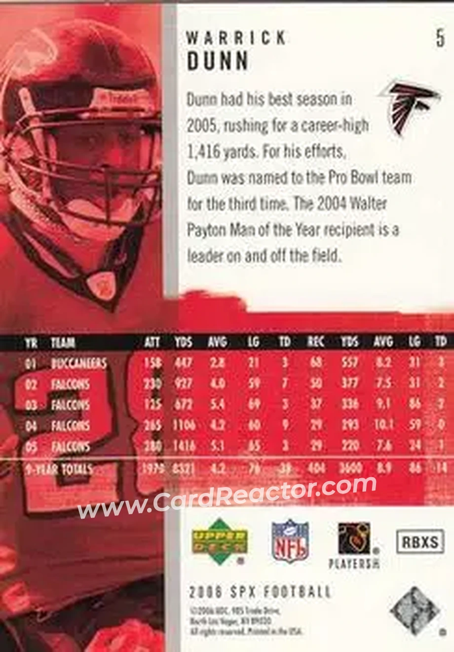 2006 SPx #5 - Warrick Dunn - Atlanta Falcons - Back