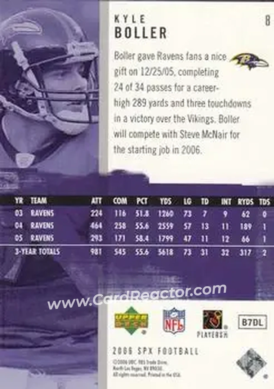 2006 SPx #8 - Kyle Boller - Baltimore Ravens - Back