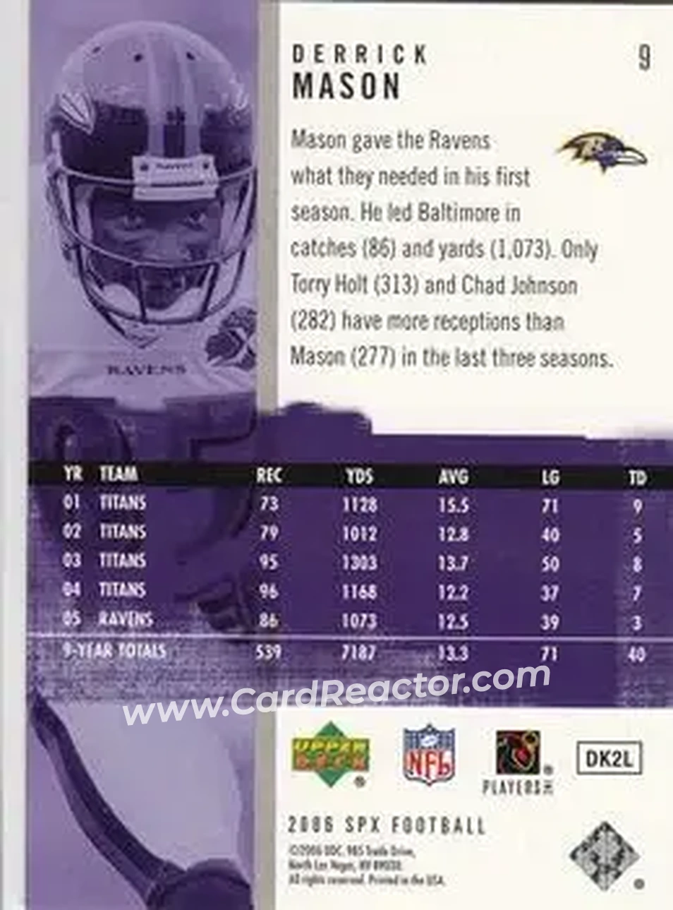 2006 SPx #9 - Derrick Mason - Baltimore Ravens - Back