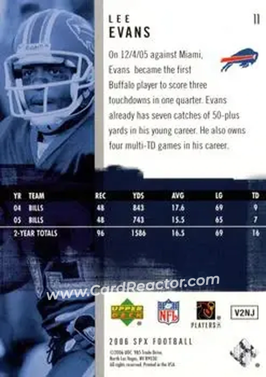 2006 SPx #11 - Lee Evans - Buffalo Bills - Back