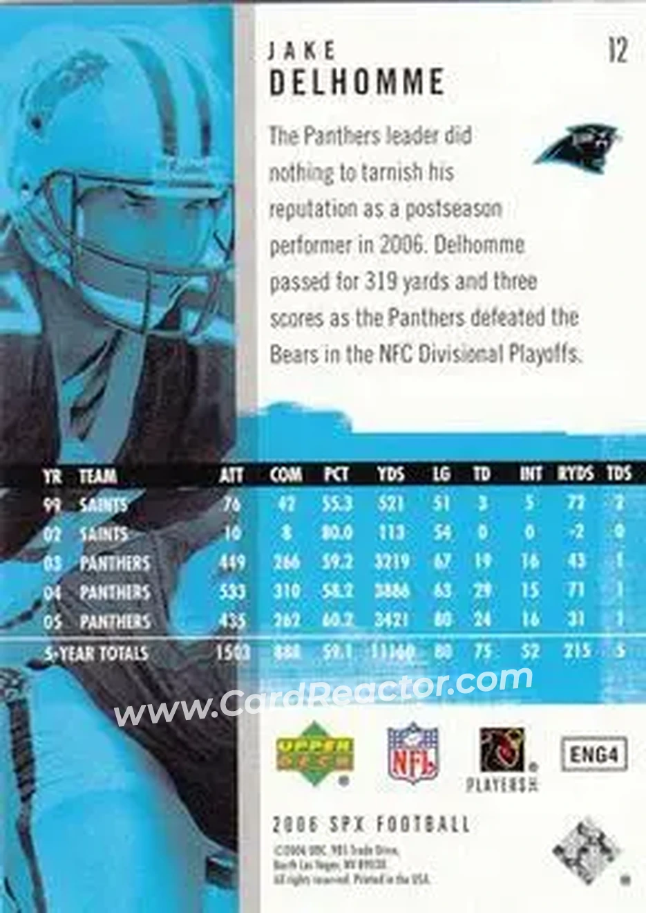 2006 SPx #12 - Jake Delhomme - Carolina Panthers - Back