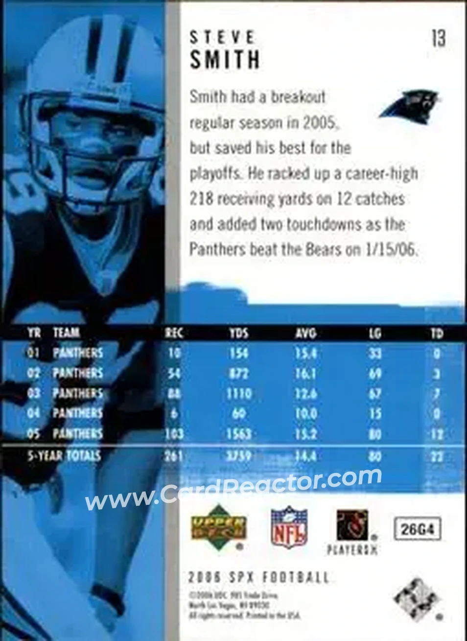 2006 SPx #13 - Steve Smith Sr. - Carolina Panthers - Back