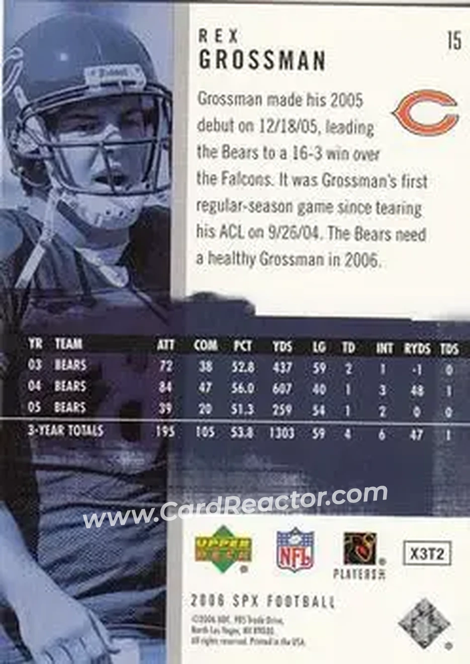 2006 SPx #15 - Rex Grossman - Chicago Bears - Back