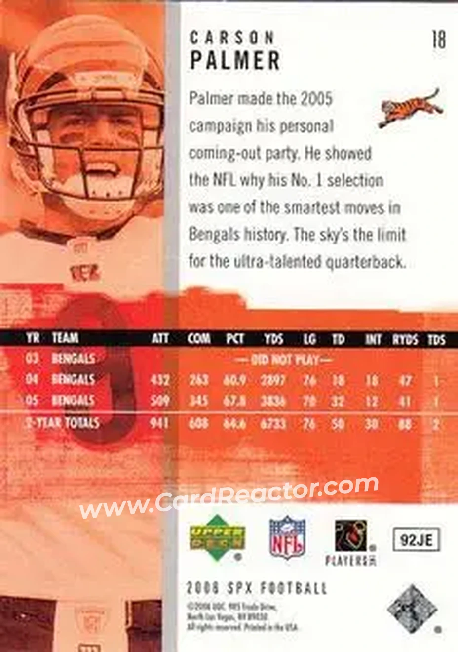 2006 SPx #18 - Carson Palmer - Cincinnati Bengals - Back