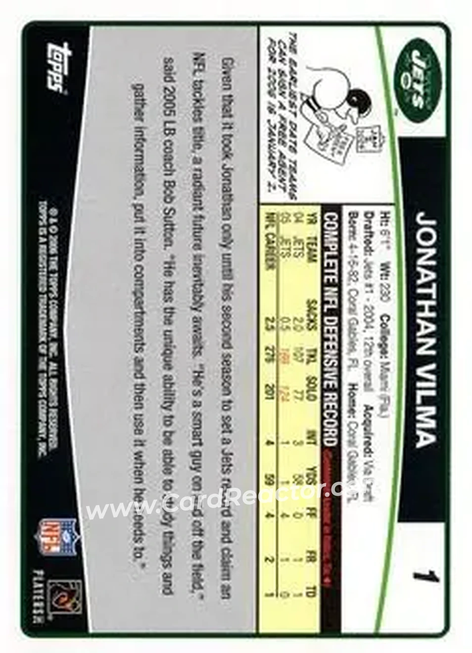 2006 Topps #1 - Jonathan Vilma - New York Jets - Back