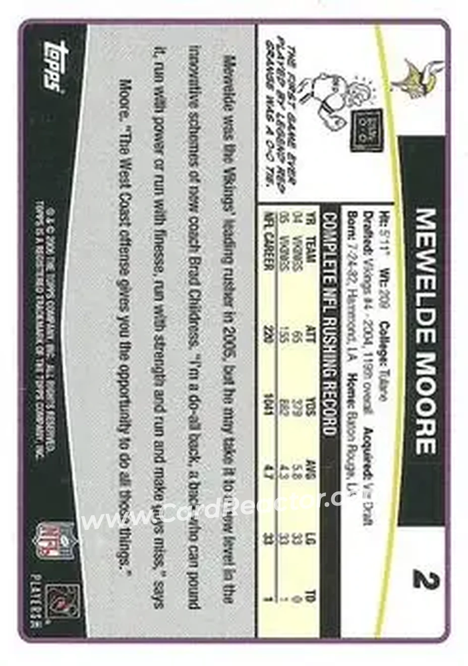 2006 Topps #2 - Mewelde Moore - Minnesota Vikings - Back