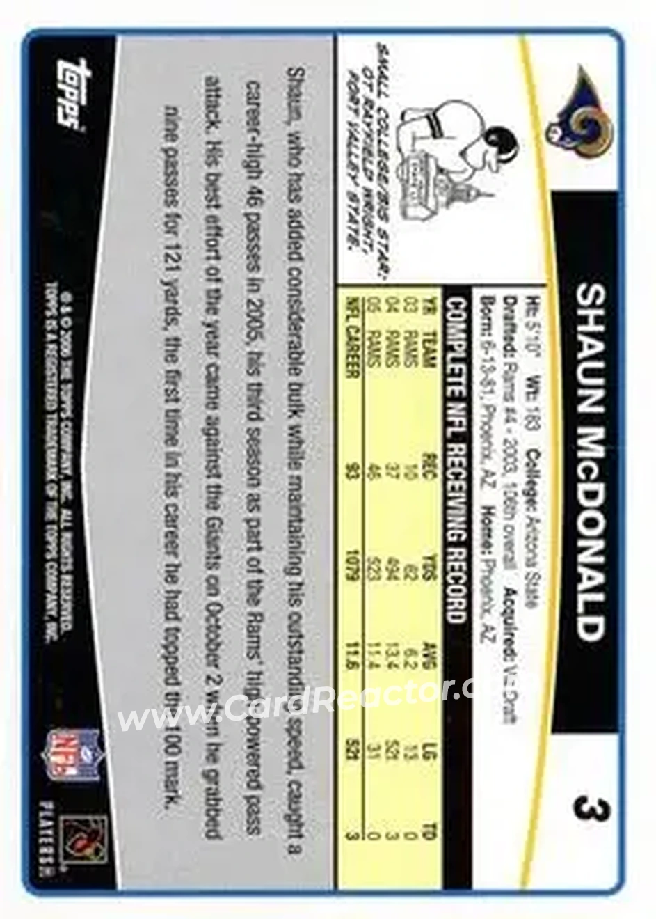 2006 Topps #3 - Shaun McDonald - St. Louis Rams - Back