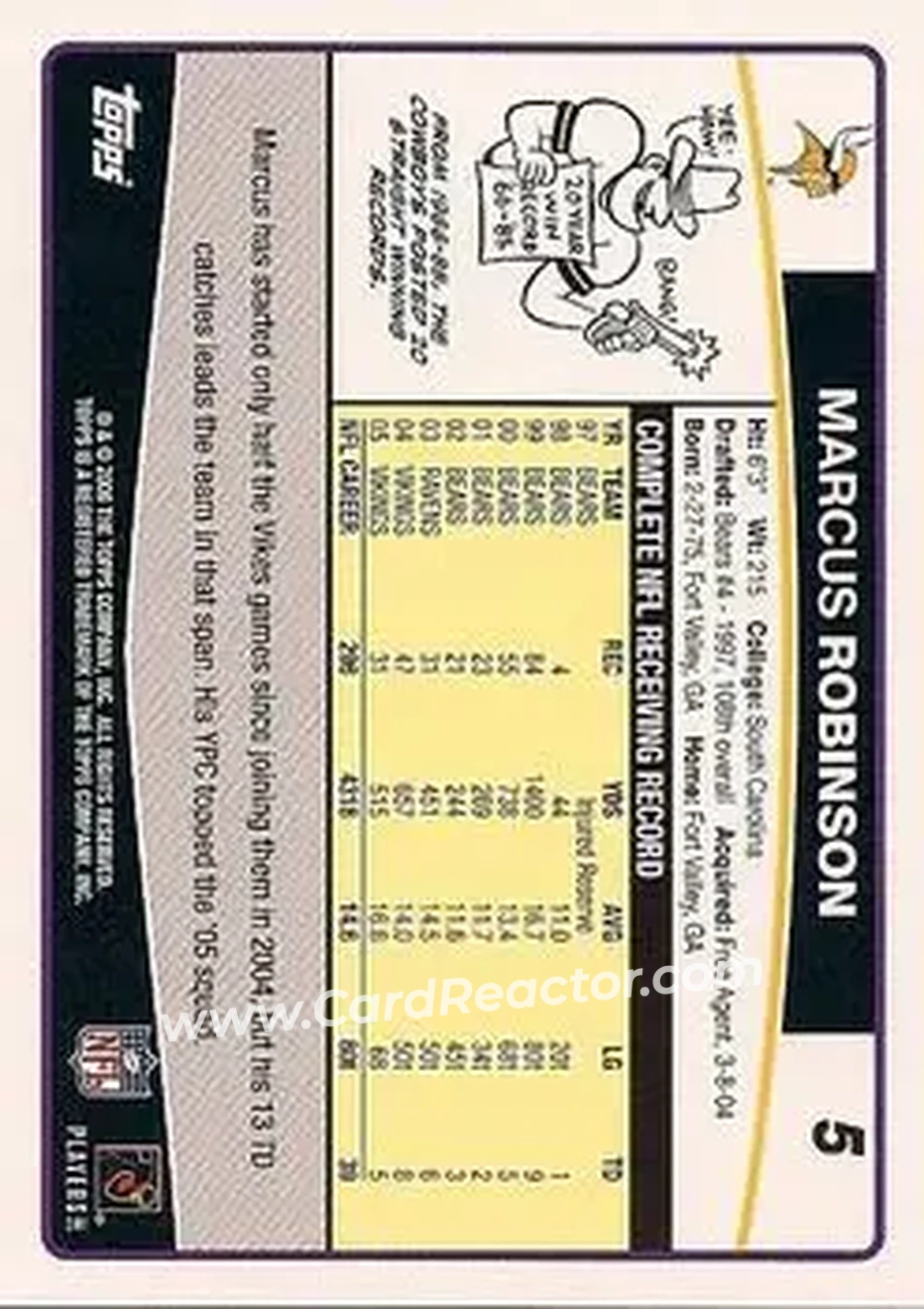 2006 Topps #5 - Marcus Robinson - Minnesota Vikings - Back