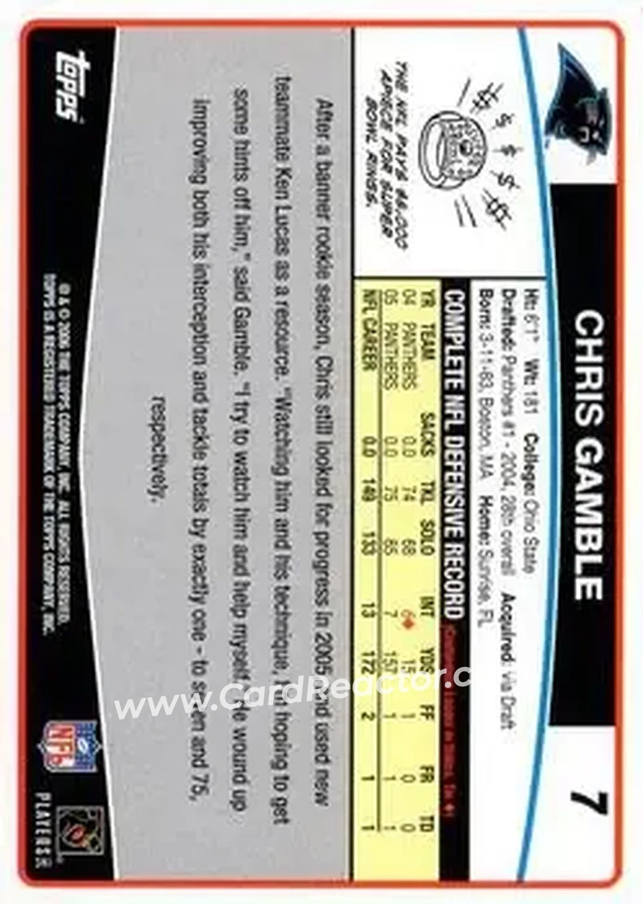2006 Topps #7 - Chris Gamble - Carolina Panthers - Back