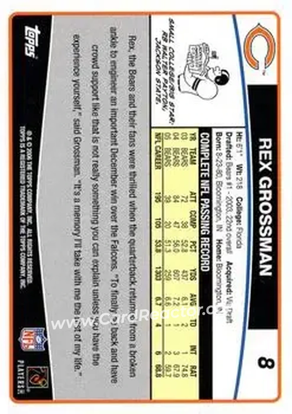 2006 Topps #8 - Rex Grossman - Chicago Bears - Back