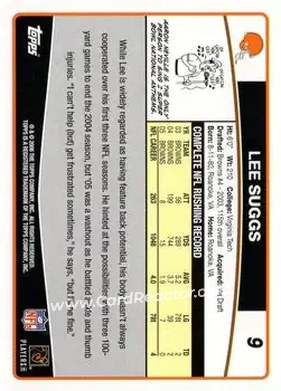 2006 Topps #9 - Lee Suggs - Cleveland Browns - Back