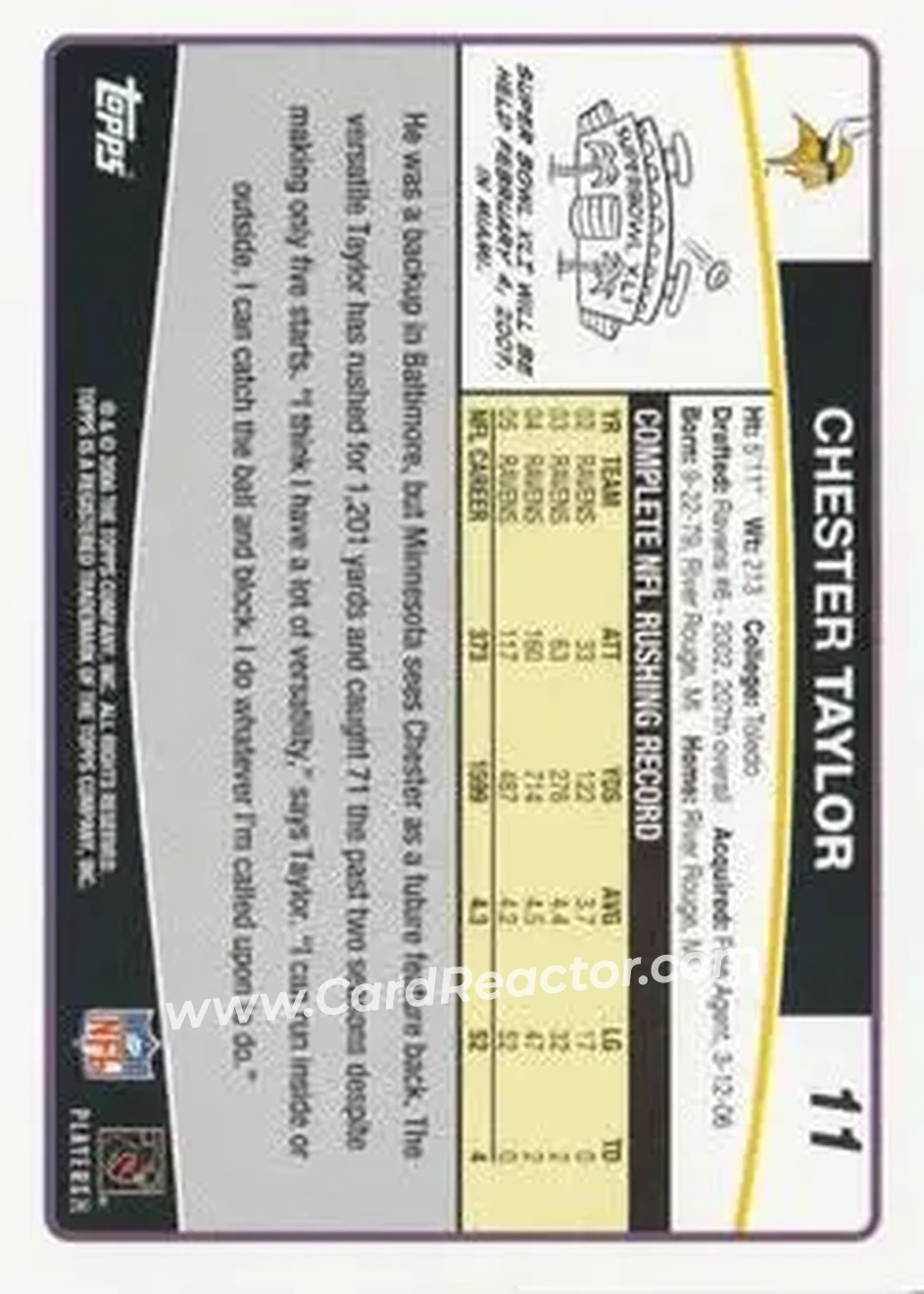 2006 Topps #11 - Chester Taylor - Minnesota Vikings - Back